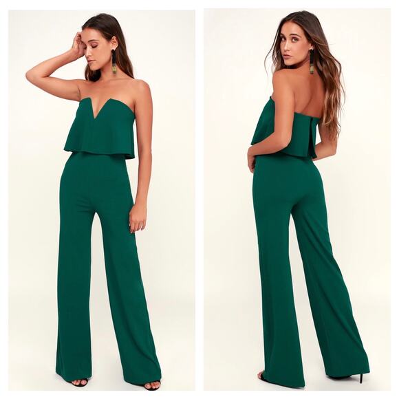 Lulus Power of Love Emerald Green Strapless Jumpsuit Medium Wide Leg Stretch - Picture 1 of 13